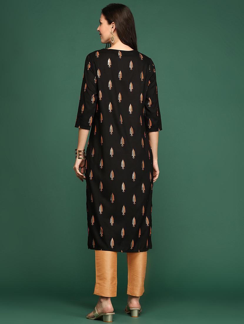 black tropical cotton straight kurta - 20252454 - Standard Image - 3