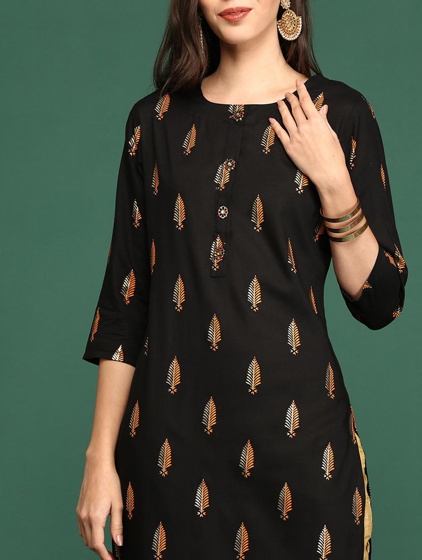 black tropical cotton straight kurta - 20252454 - Standard Image - 5