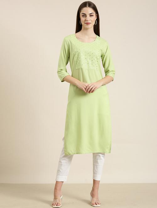green mirror work straight kurta - 20252480 -  Standard Image - 0