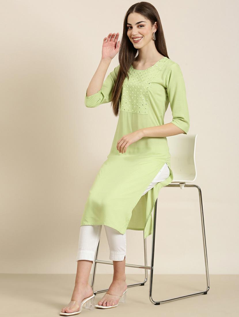 green mirror work straight kurta - 20252480 - Standard Image - 3
