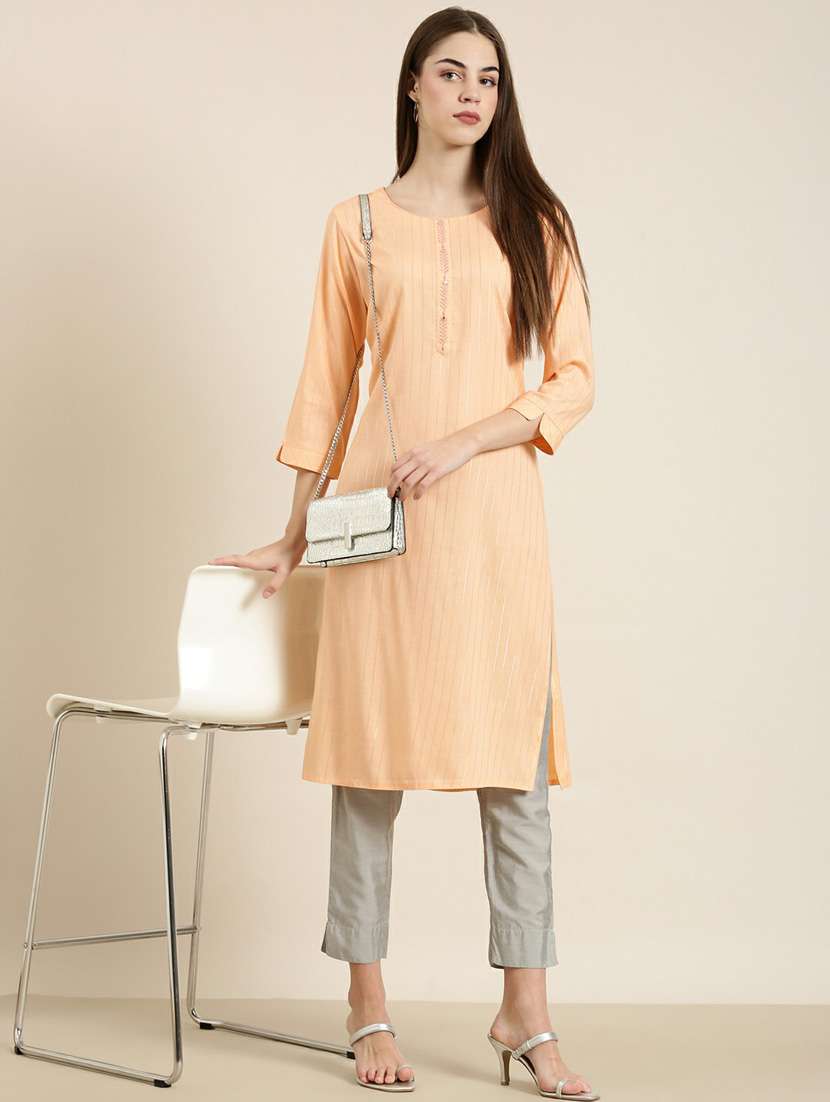 women round neck striped straight kurta - 20252489 -  Standard Image - 3