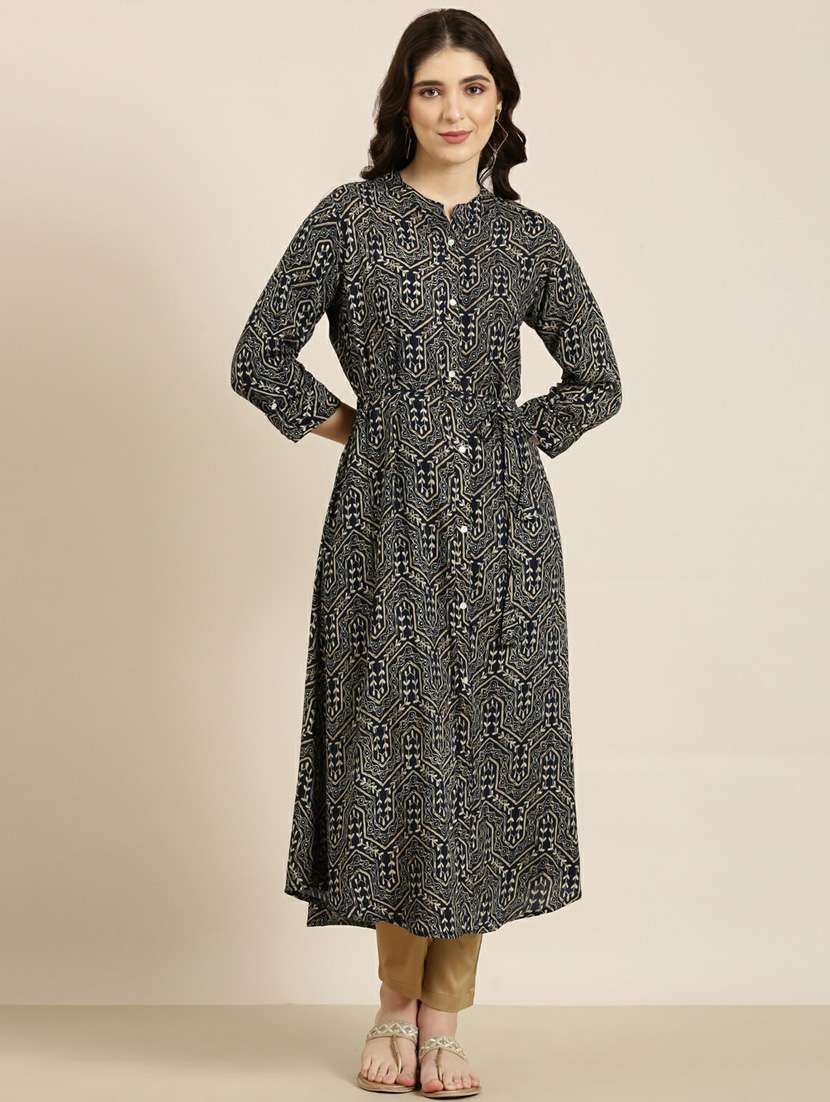 navy foil printed a-line kurta - 20252503 -  Zoom Image - 0