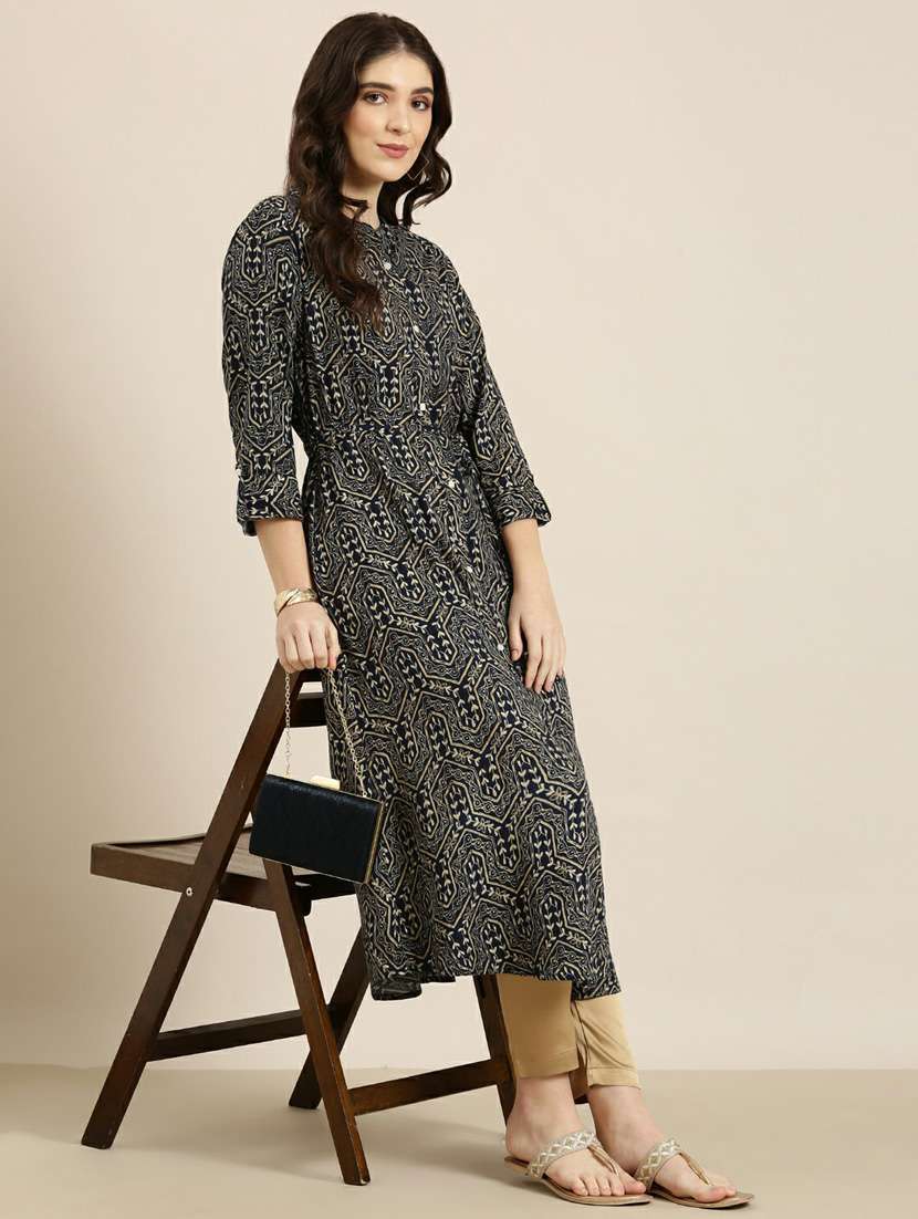 navy foil printed a-line kurta - 20252503 - Standard Image - 3