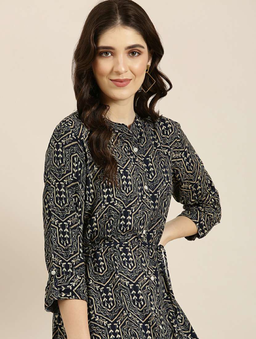 navy foil printed a-line kurta - 20252503 - Standard Image - 5