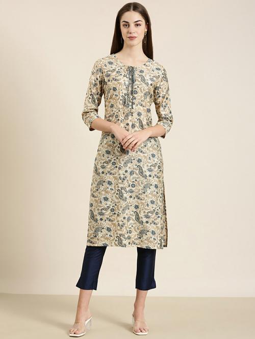 beige paisley straight kurta - 20252525 - Standard Image - 0