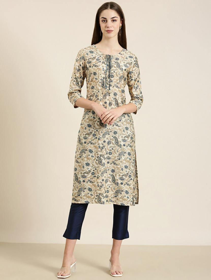 beige paisley straight kurta - 20252525 - Zoom Image - 0
