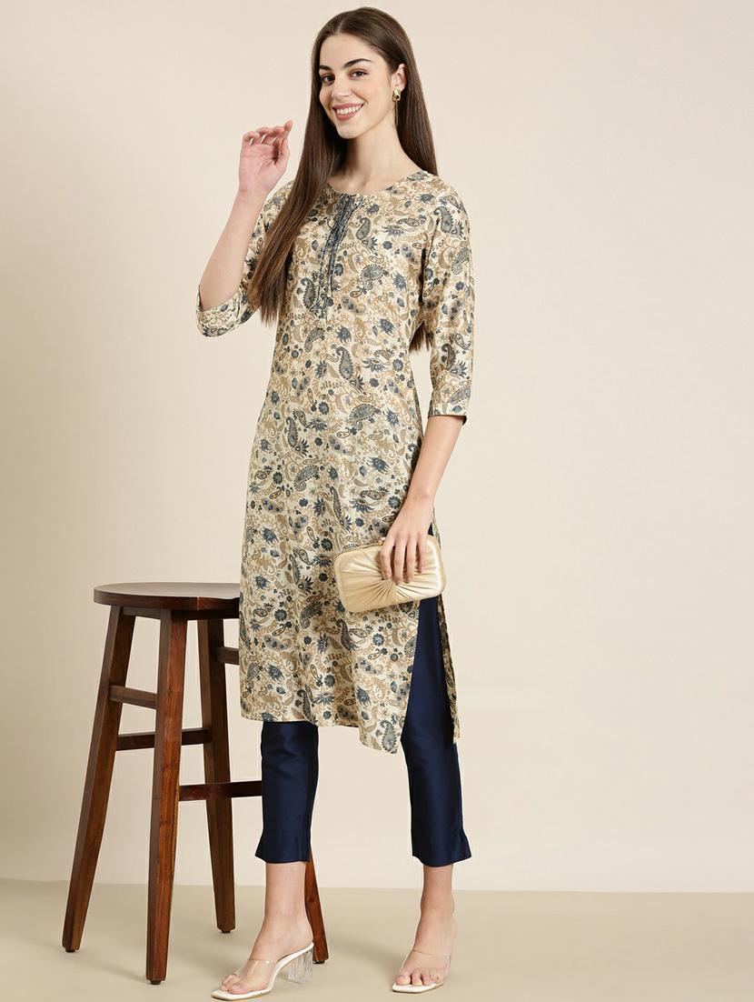 beige paisley straight kurta - 20252525 - Standard Image - 3