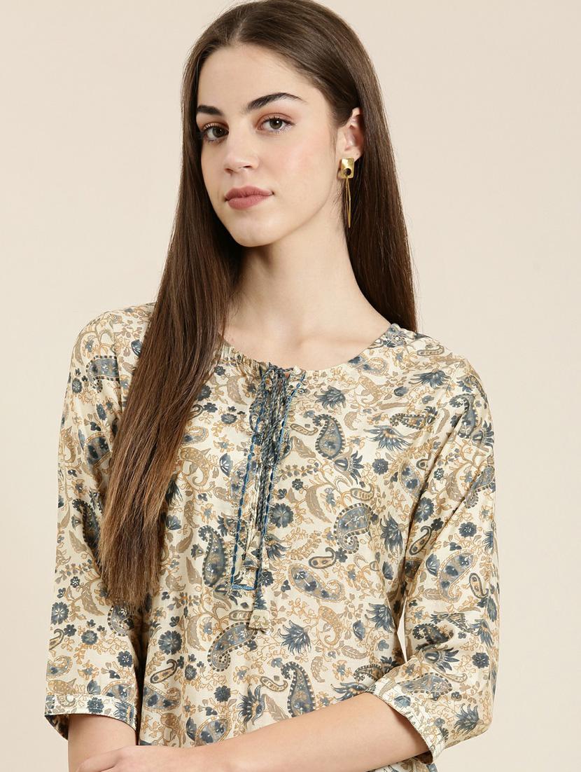 beige paisley straight kurta - 20252525 - Standard Image - 5