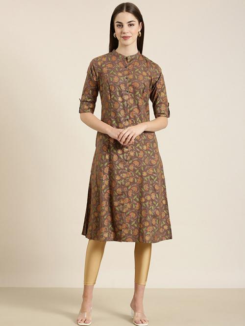brown floral a-line kurta - 20252536 - Standard Image - 0