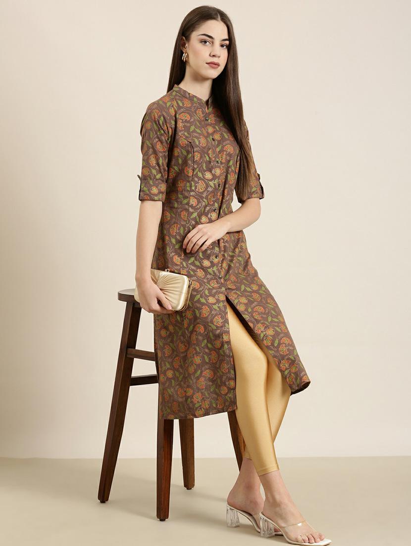 brown floral a-line kurta - 20252536 - Standard Image - 3