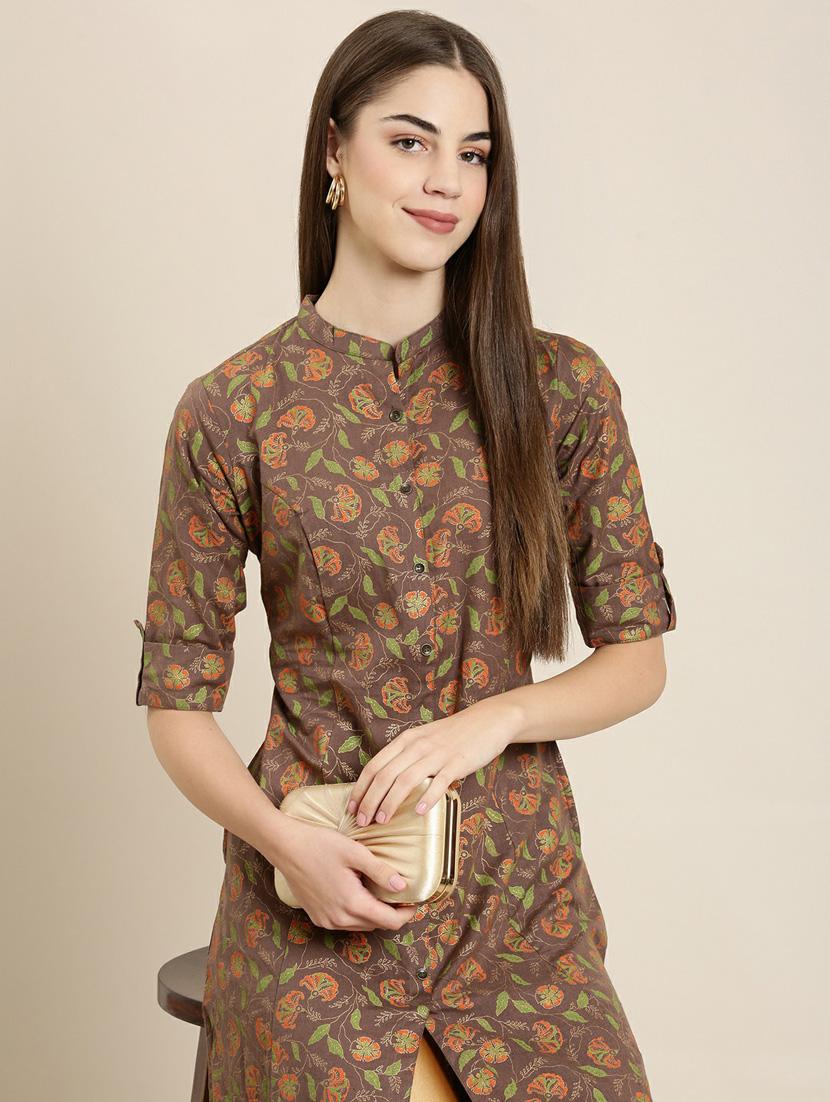 brown floral a-line kurta - 20252536 - Standard Image - 5