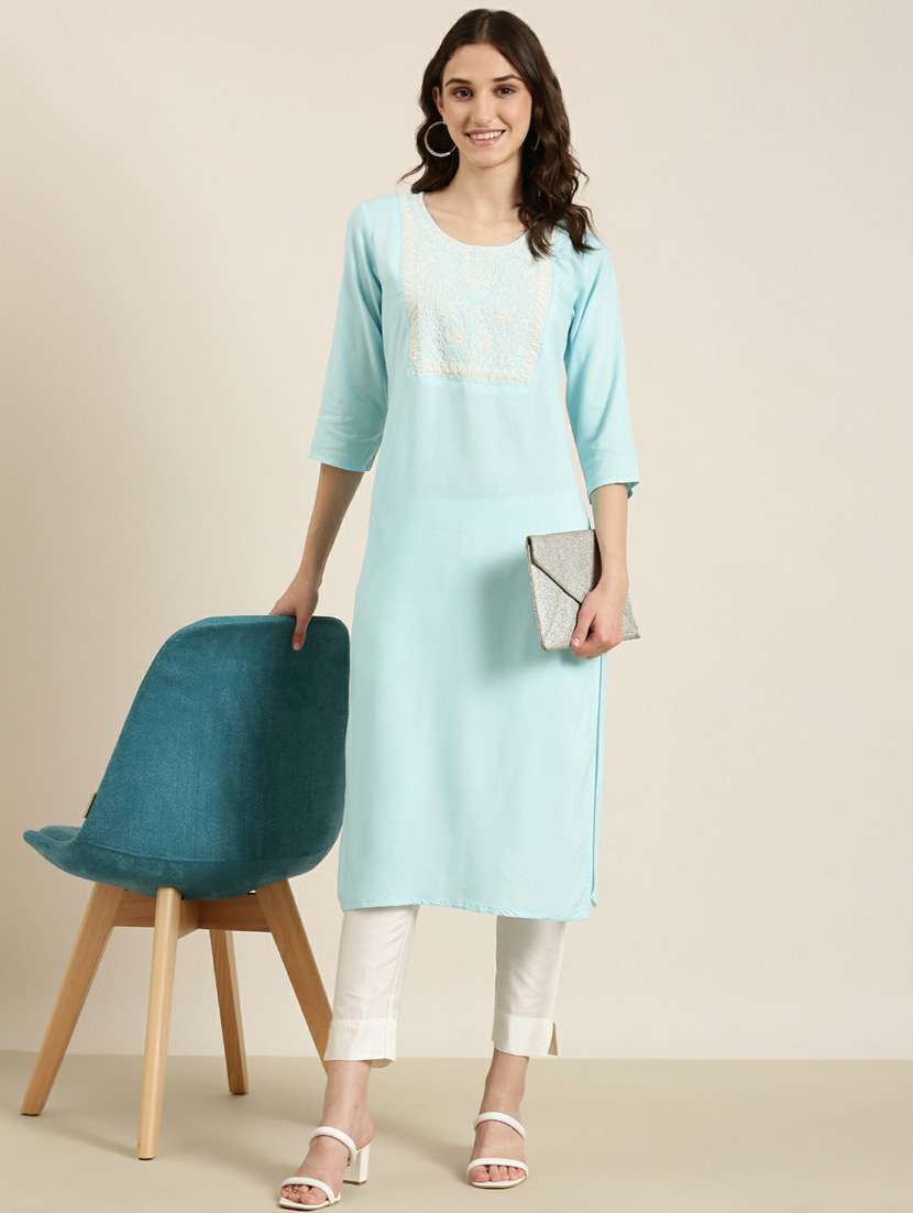 blue embroidered straight kurta - 20252537 -  Standard Image - 3