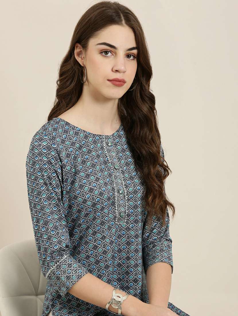 blue bandhani printed straight kurta - 20252550 -  Standard Image - 5