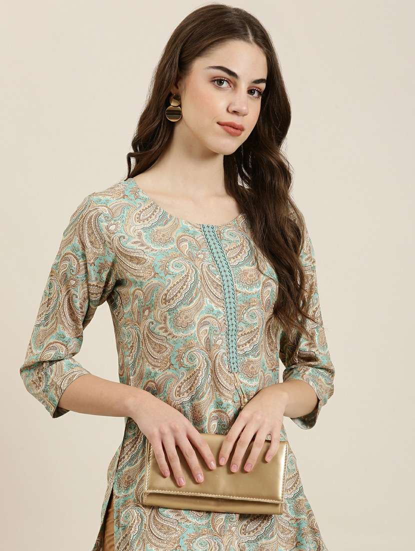 green paisley printed straight kurta - 20252551 -  Standard Image - 5