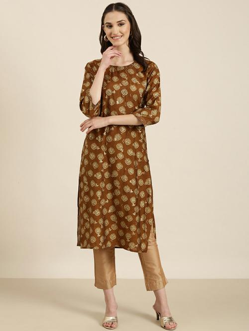 brown bandhani printed straight kurta - 20252560 - Standard Image - 0