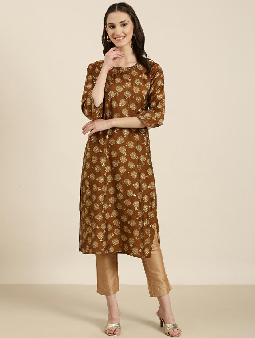 brown bandhani printed straight kurta - 20252560 - Zoom Image - 0