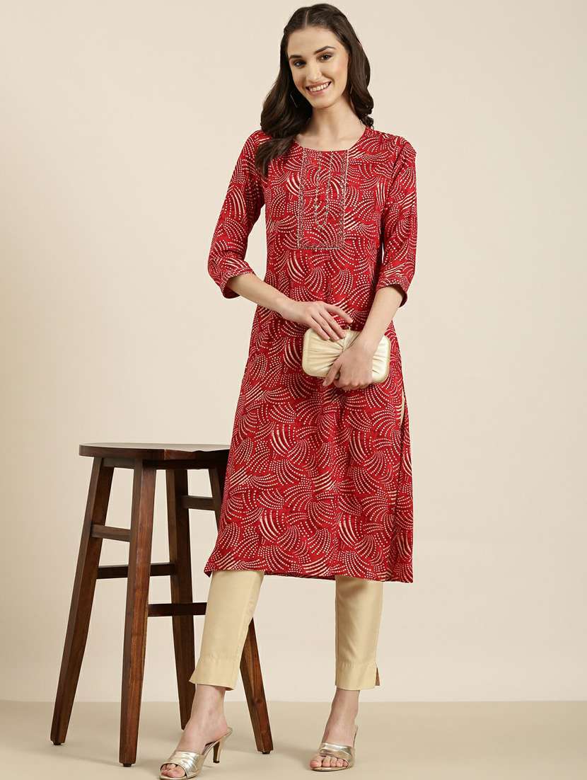 red bandhani printed straight kurta - 20252563 -  Standard Image - 3