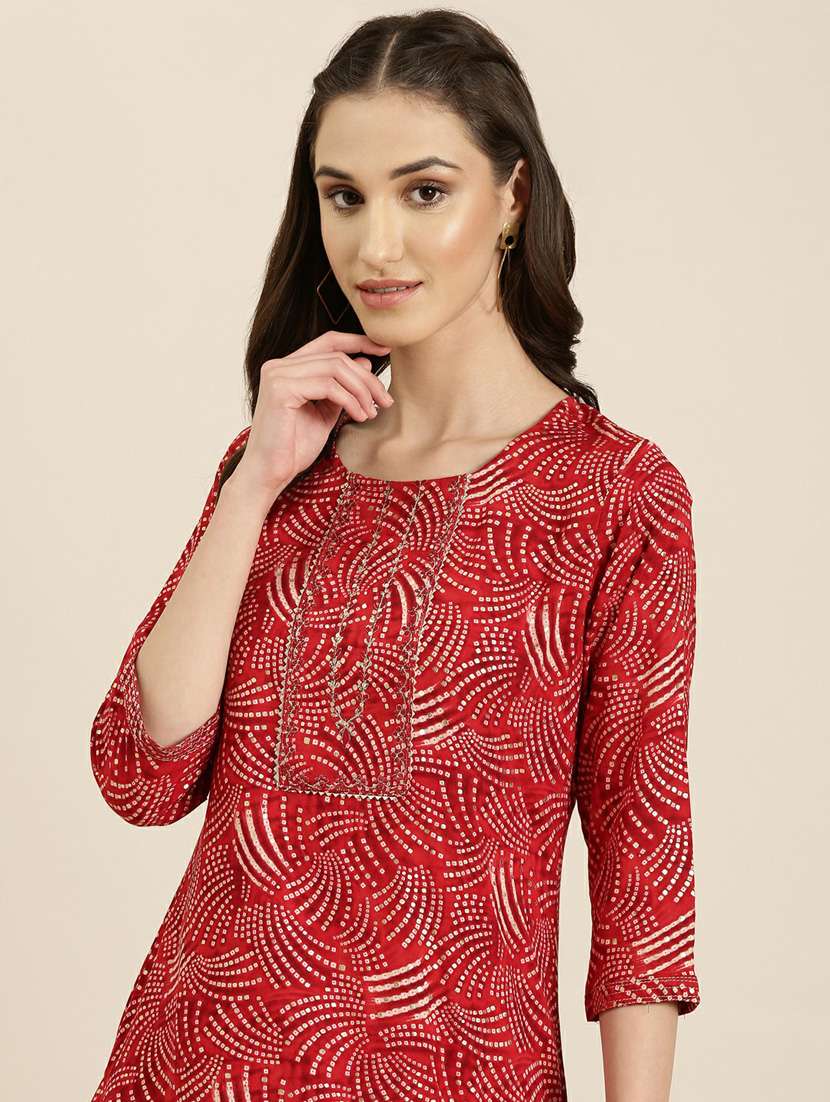 red bandhani printed straight kurta - 20252563 -  Standard Image - 5