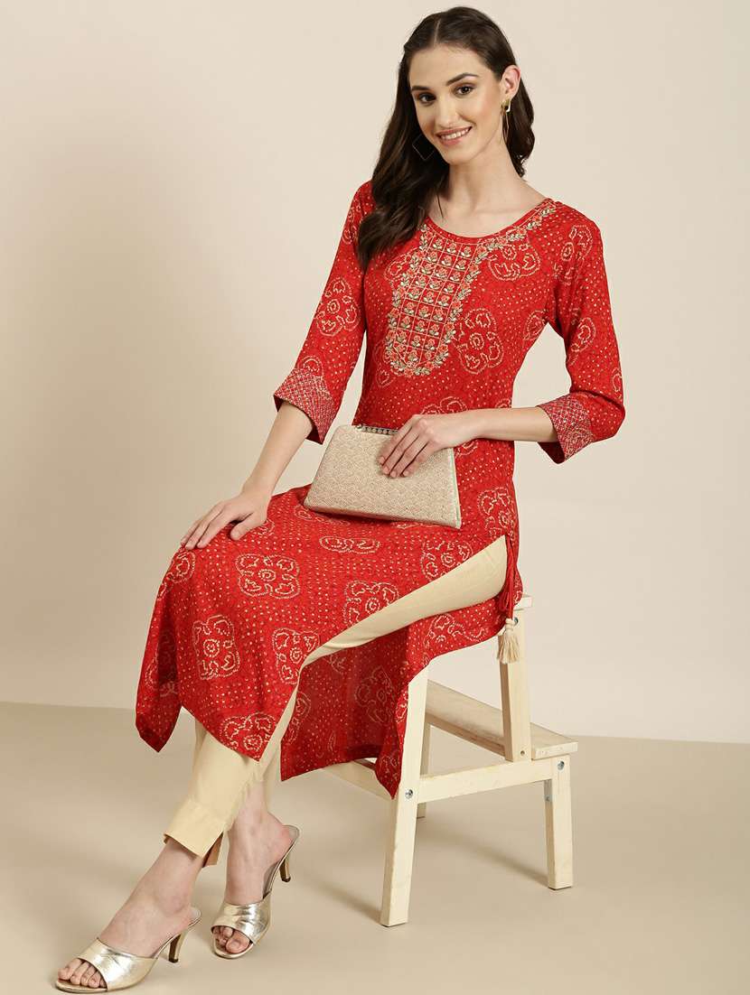 red bandhani printed straight kurta - 20252570 -  Standard Image - 3