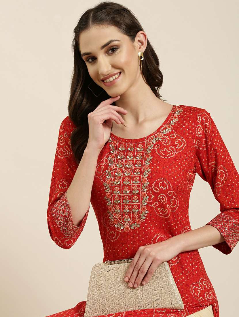 red bandhani printed straight kurta - 20252570 -  Standard Image - 5