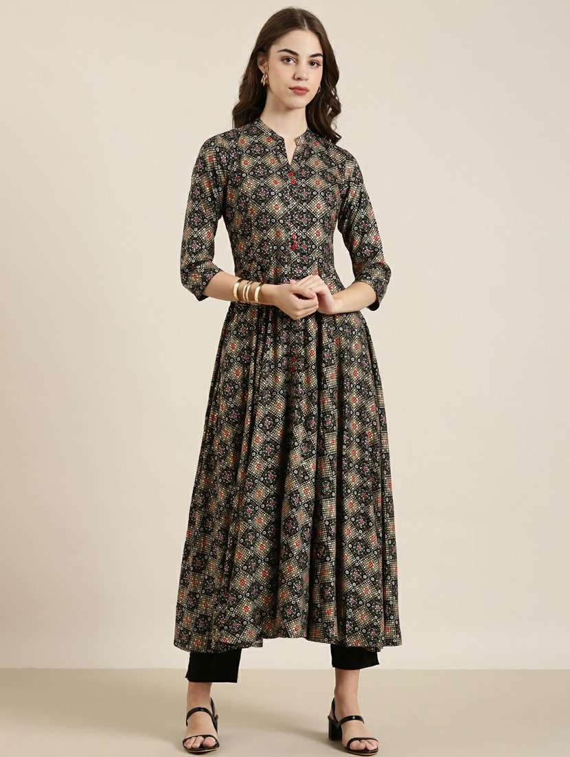 black bandhani printed anarkali kurta - 20252573 -  Zoom Image - 0