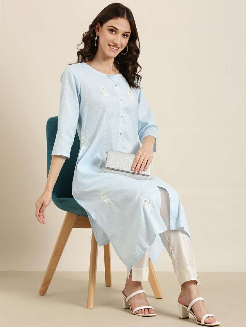 light blue cotton straight kurta - 20252575 -  Standard Image - 3