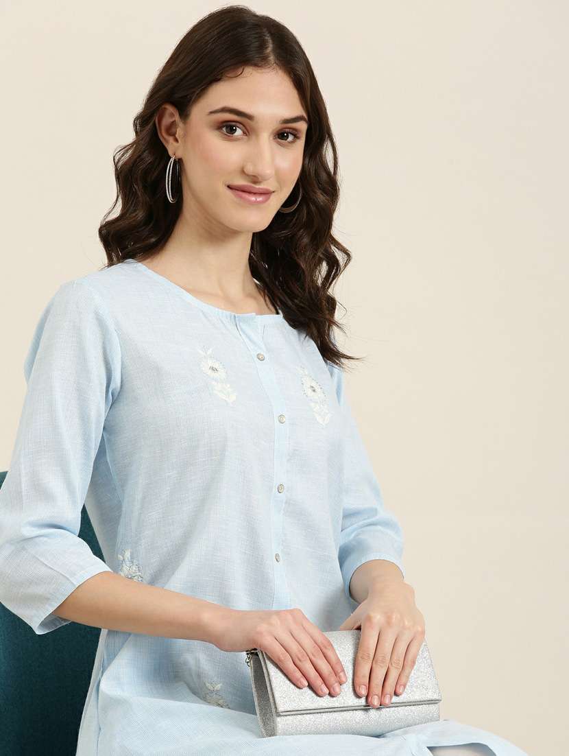 light blue cotton straight kurta - 20252575 -  Standard Image - 5