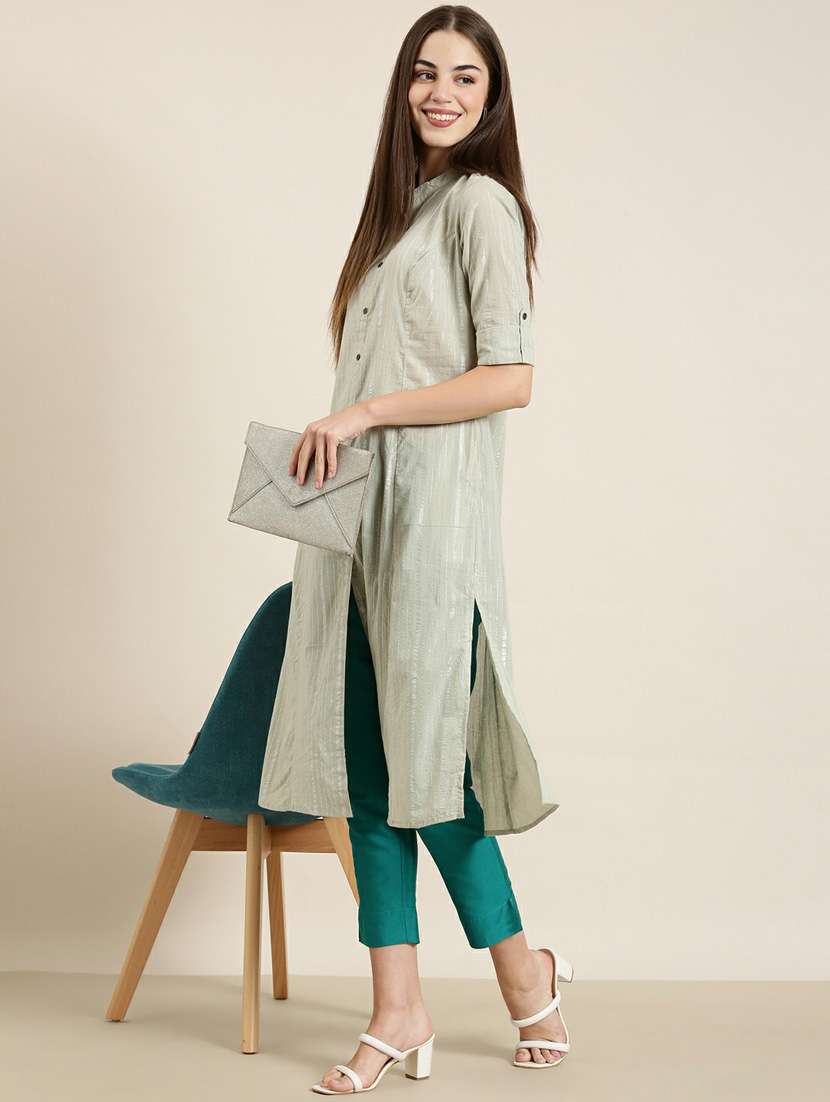 green striped front & side both slit kurta - 20252584 -  Standard Image - 3