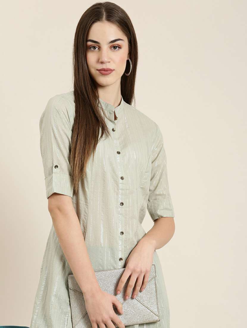 green striped front & side both slit kurta - 20252584 -  Standard Image - 5