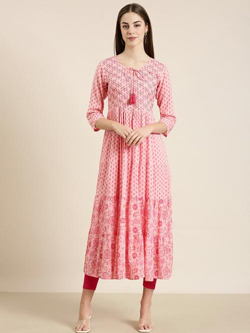 pink floral printed tiered kurta - 20252591 -  Standard Image - 0