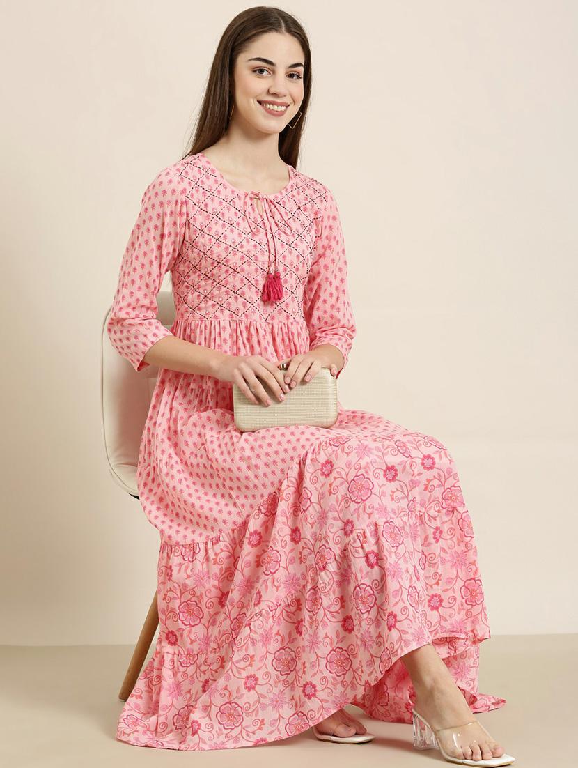pink floral printed tiered kurta - 20252591 - Standard Image - 3