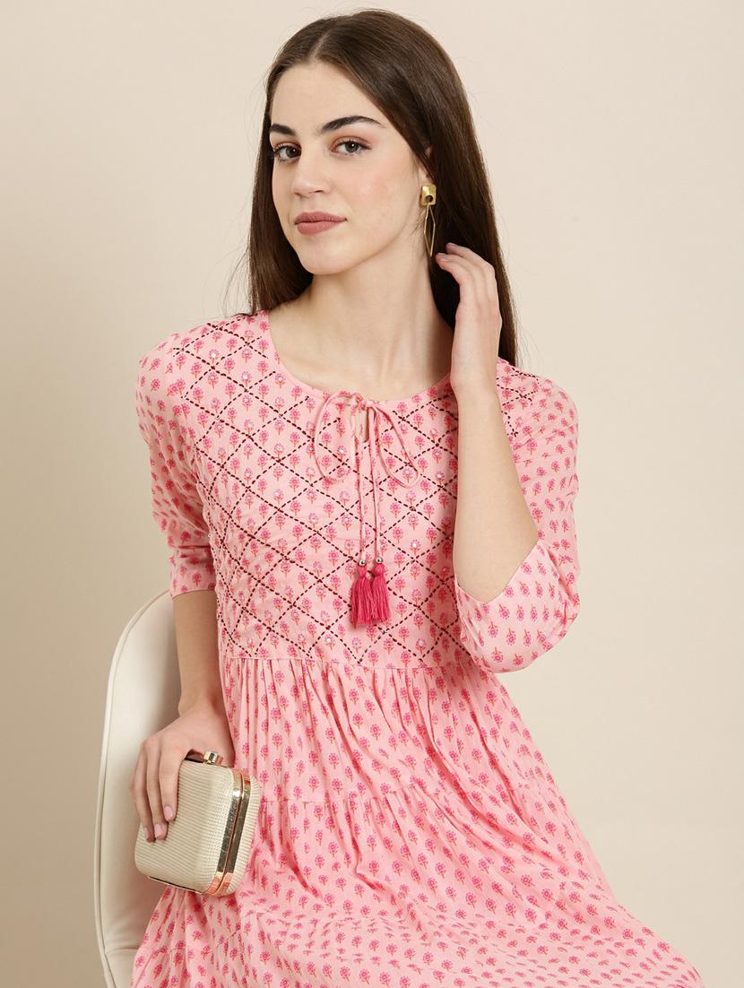 pink floral printed tiered kurta - 20252591 - Standard Image - 5