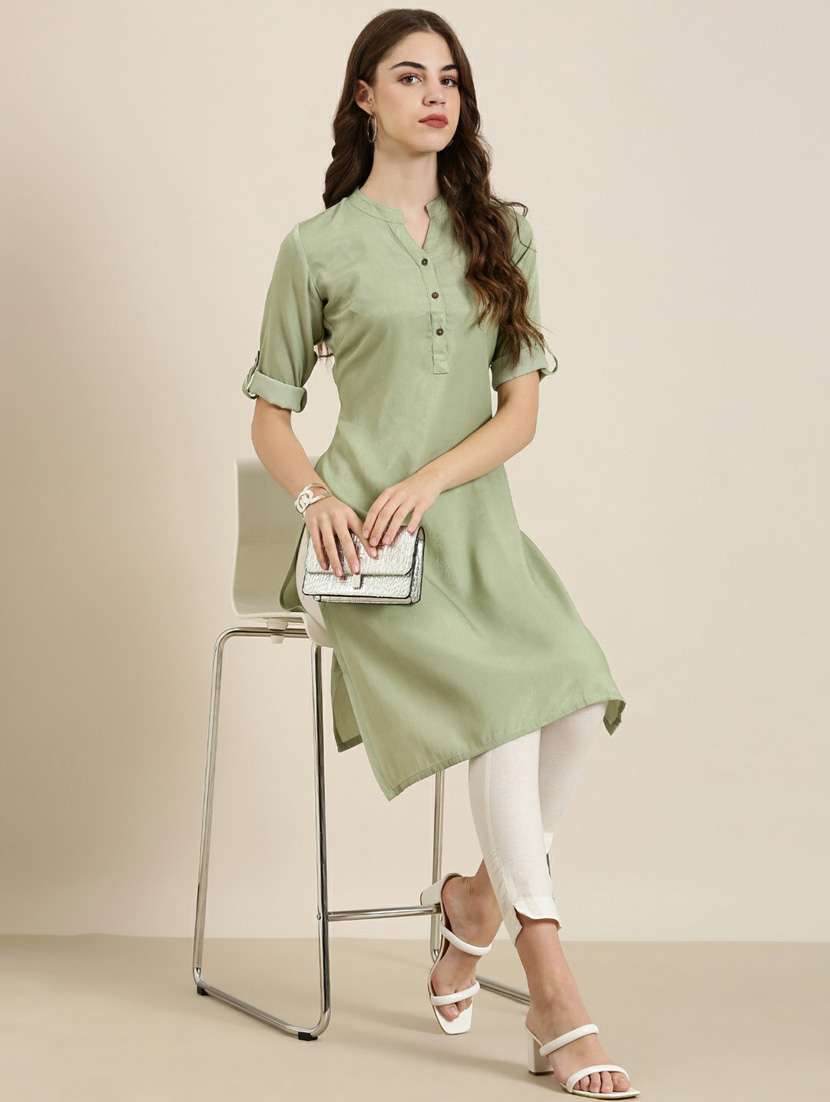 olive solid straight kurta - 20252602 -  Standard Image - 3