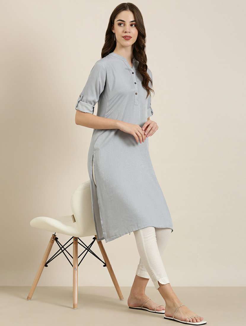 women mandarin neck solid straight kurta - 20252604 -  Standard Image - 3