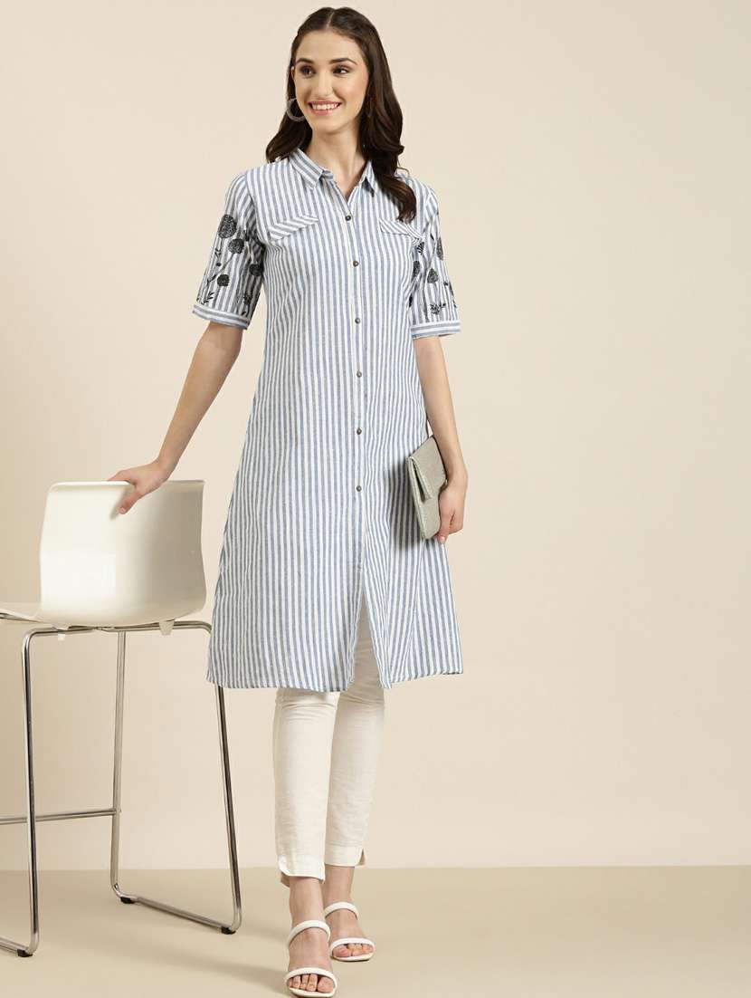 blue striped a-line kurta - 20252612 -  Standard Image - 3