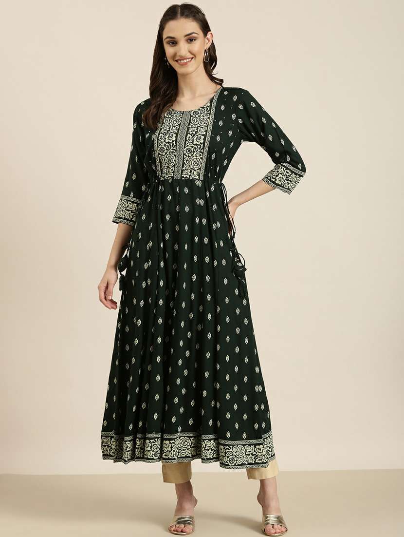 women round neck block printed flared kurta - 20252617 -  Zoom Image - 0