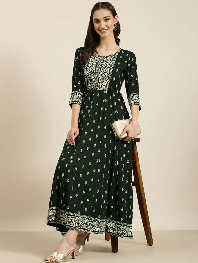 women round neck block printed flared kurta - 20252617 - Standard Image - 3
