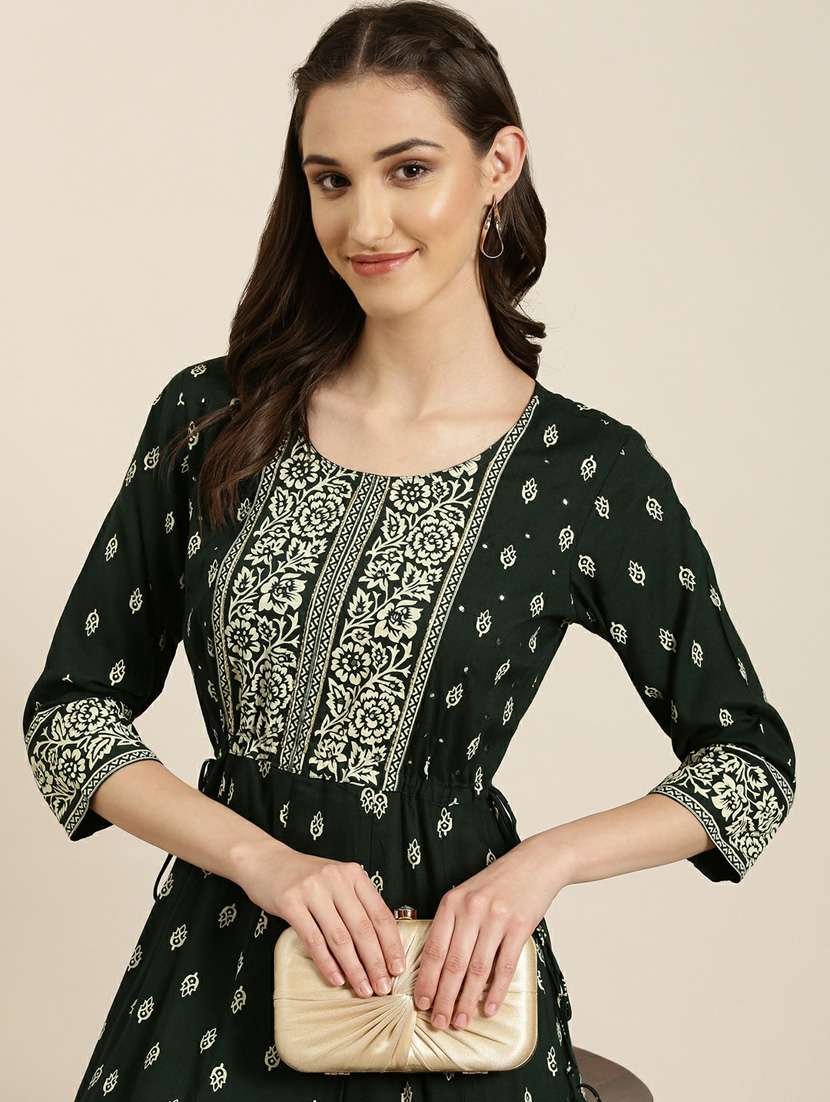 women round neck block printed flared kurta - 20252617 - Standard Image - 5