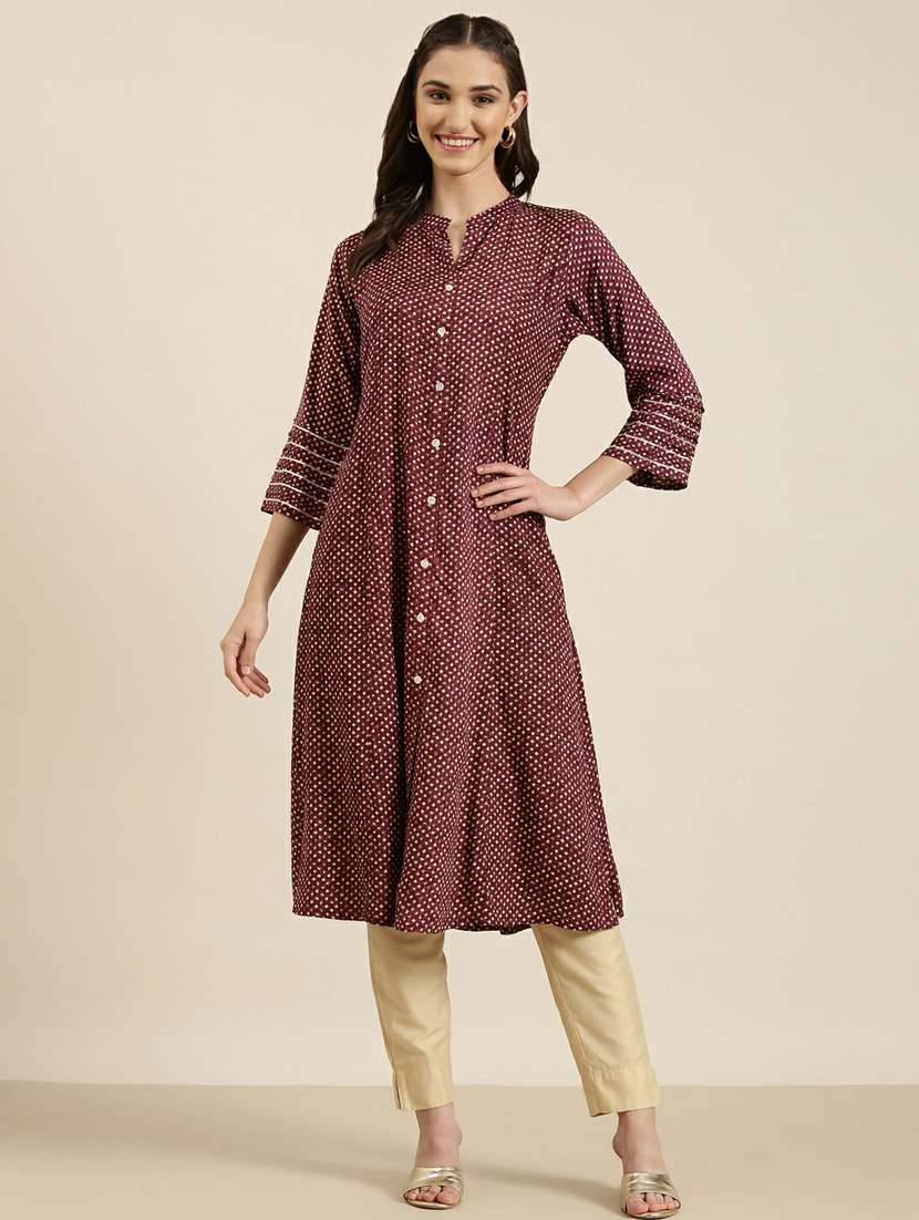maroon printed a-line kurta - 20252620 -  Zoom Image - 0