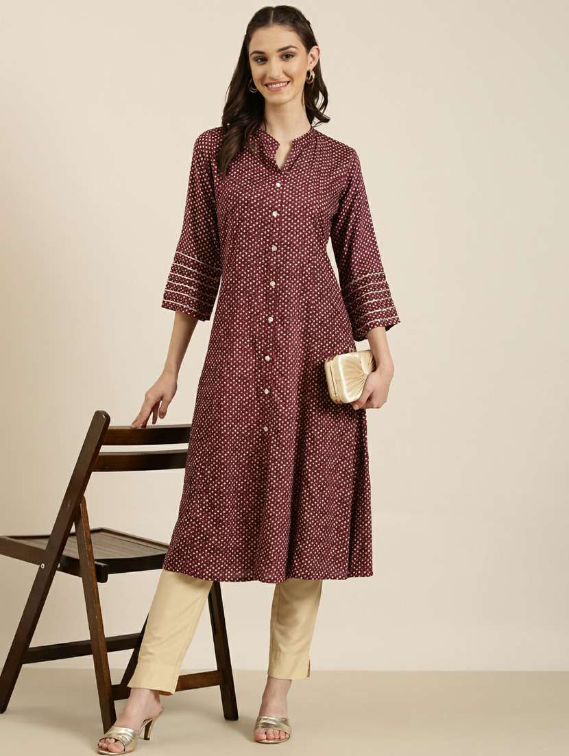 maroon printed a-line kurta - 20252620 - Standard Image - 3