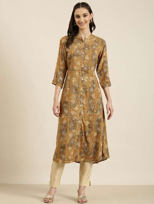 mustard floral a-line kurta - 20252622 -  Standard Image - 0