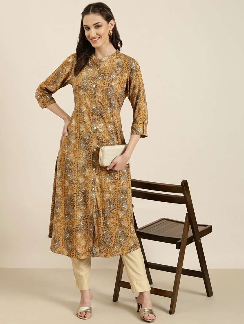 mustard floral a-line kurta - 20252622 -  Standard Image - 3