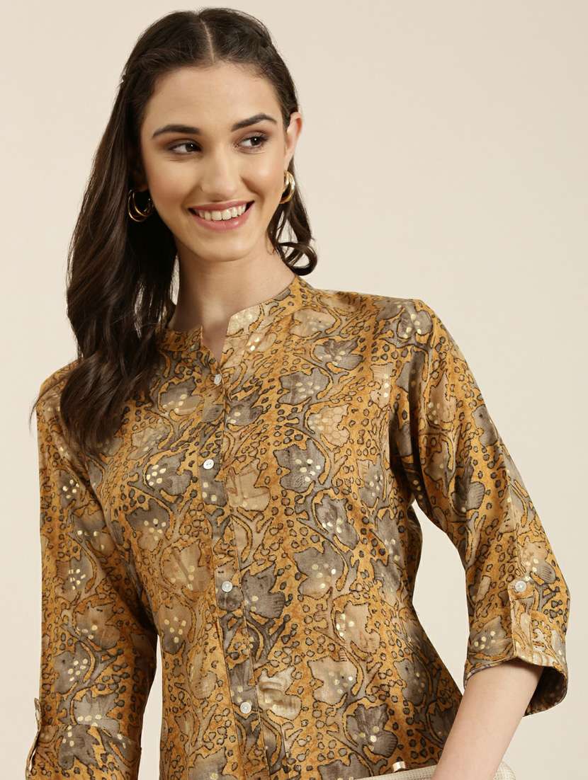 mustard floral a-line kurta - 20252622 -  Standard Image - 5