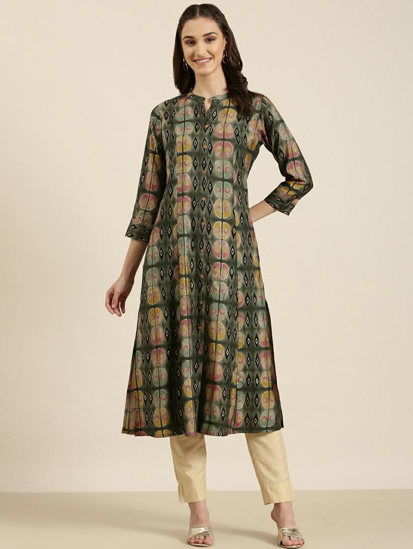 olive foil printed a-line kurta - 20252631 - Zoom Image - 0