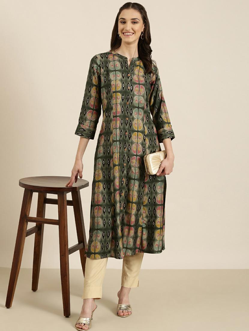 olive foil printed a-line kurta - 20252631 - Standard Image - 3
