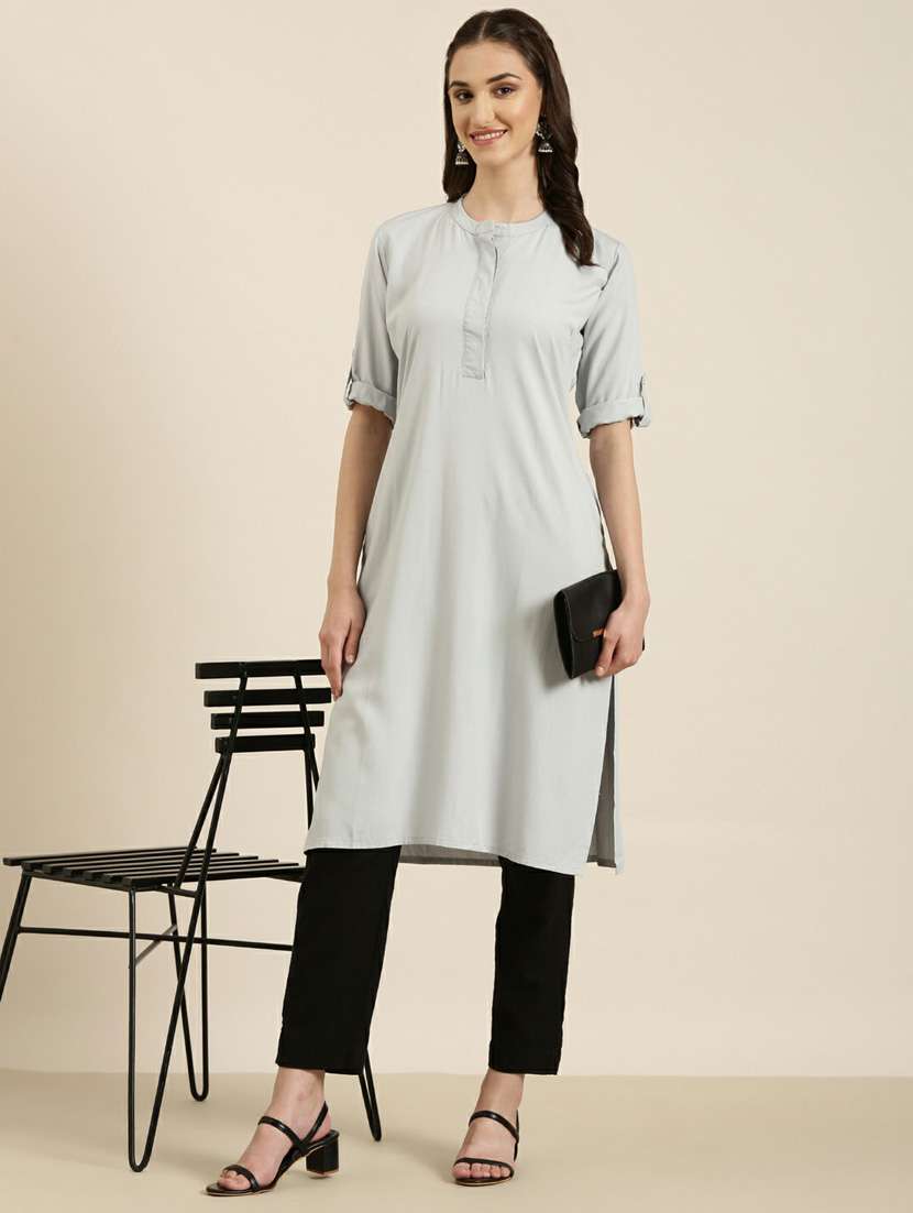 grey solid straight kurta - 20252633 -  Standard Image - 3