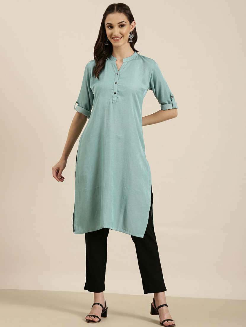 women mandarin neck solid straight kurta