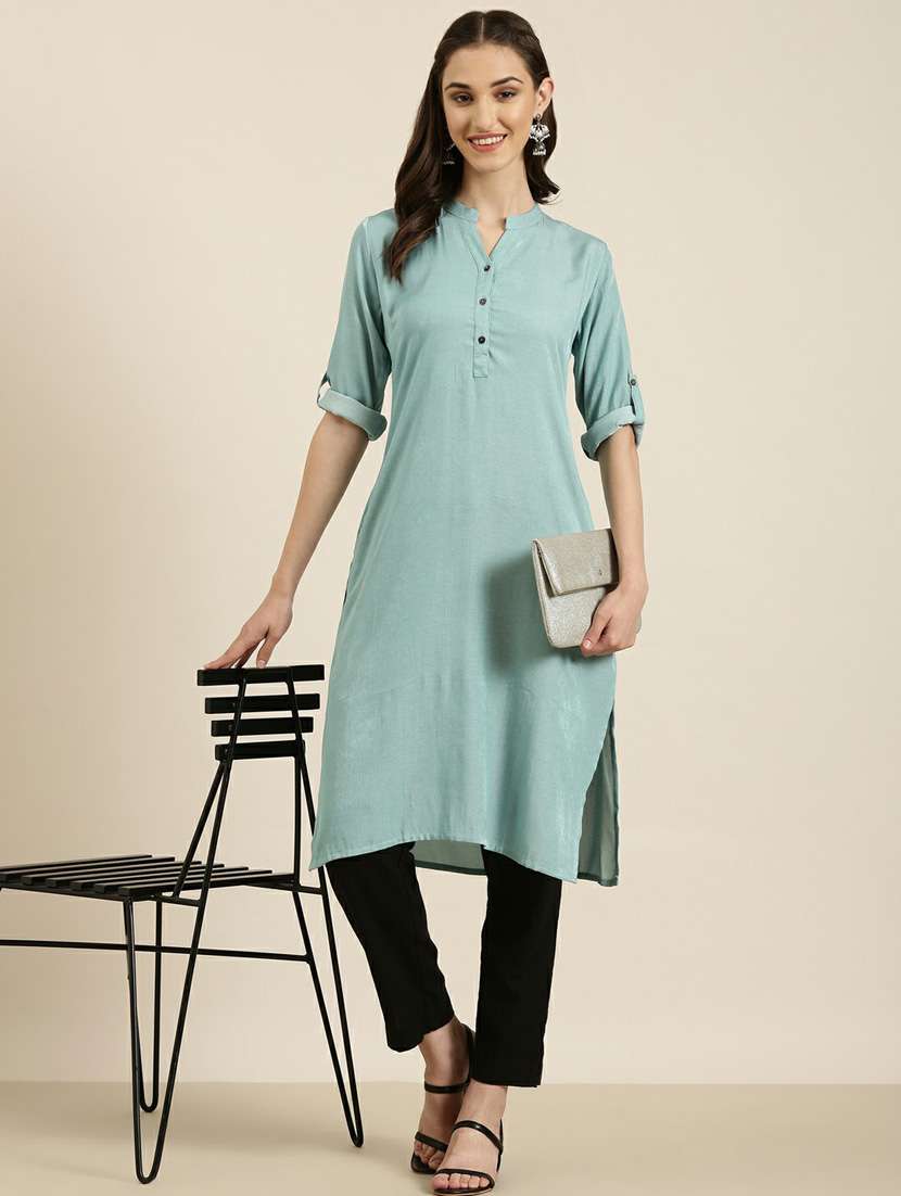 women mandarin neck solid straight kurta - 20252637 -  Standard Image - 3