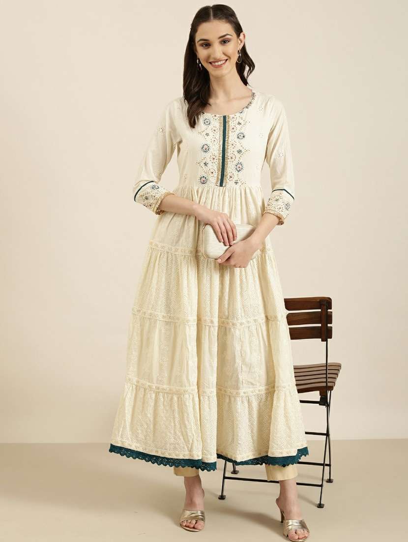 off-white embroidered tiered kurta - 20252647 -  Standard Image - 3