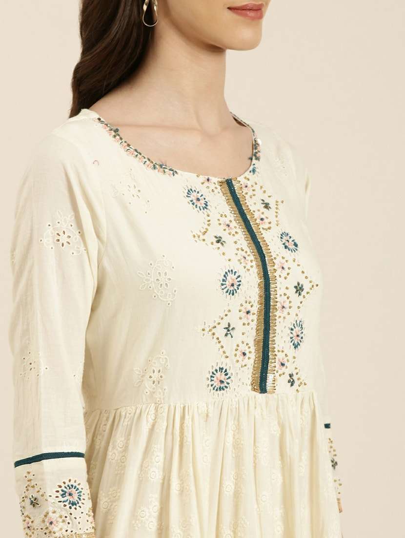 off-white embroidered tiered kurta - 20252647 -  Standard Image - 5